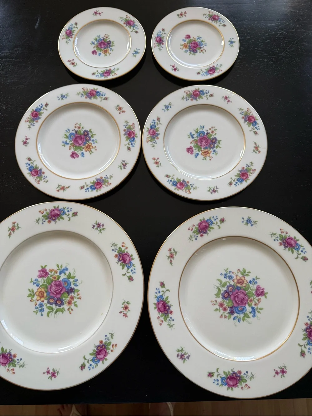Lenox Floral Rose Bone China Dinner Plates in Pink, Blue and Gold Trim